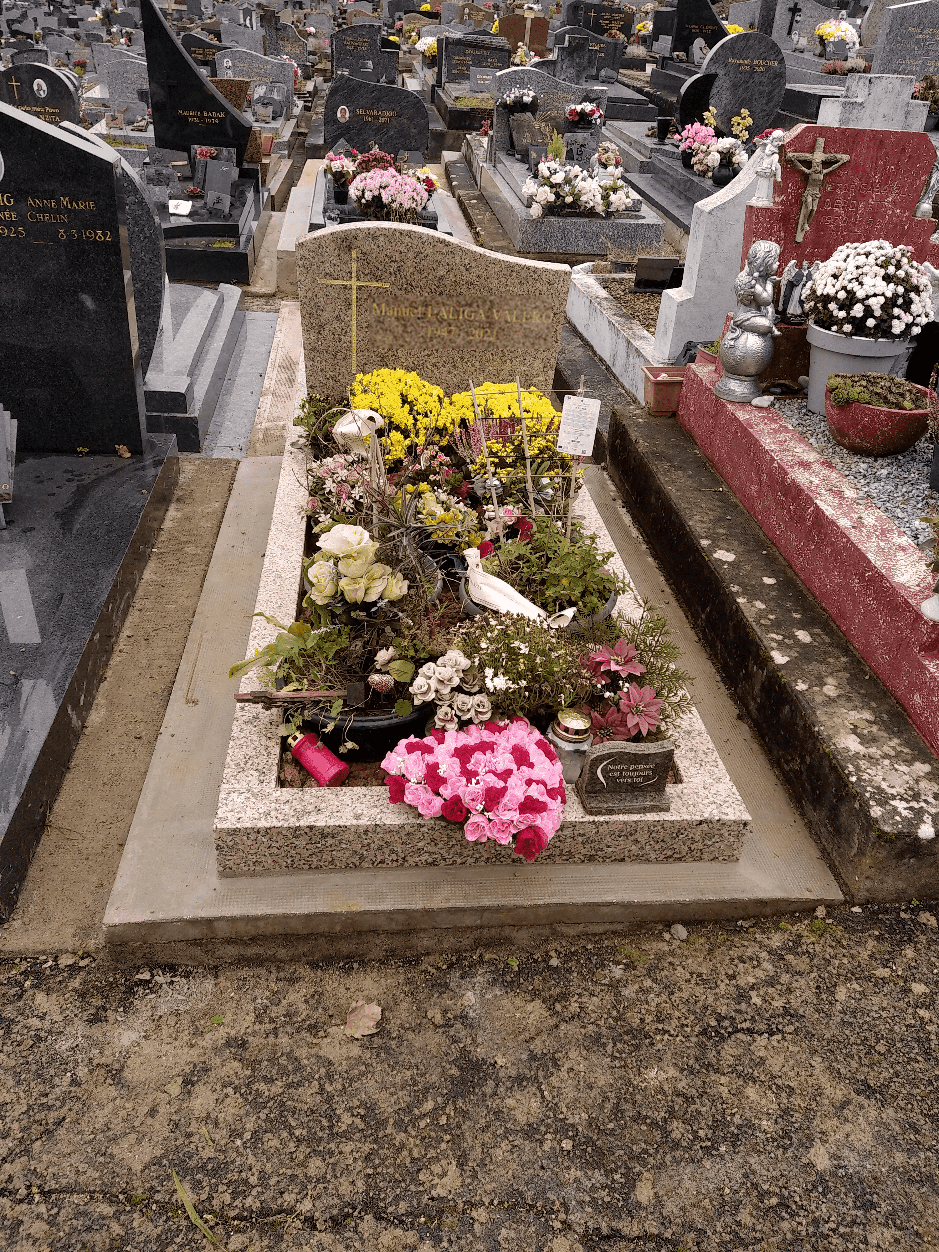 Monument Estrella avec stèle en rose Porino, cimetière dans l'Essonne (91)